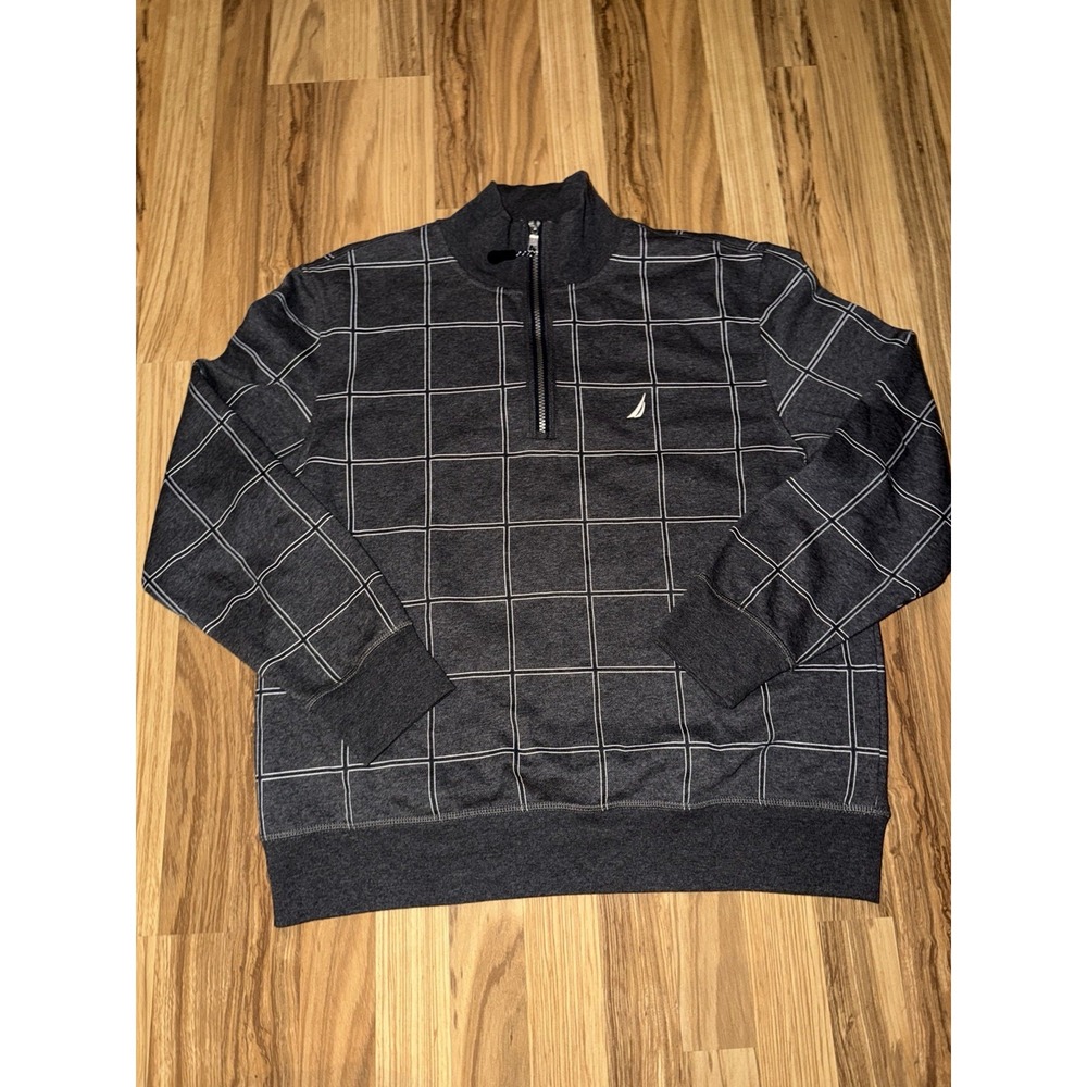 Nautica Sz L Large Grey Quarter-Zip sweater pullover with white stripes